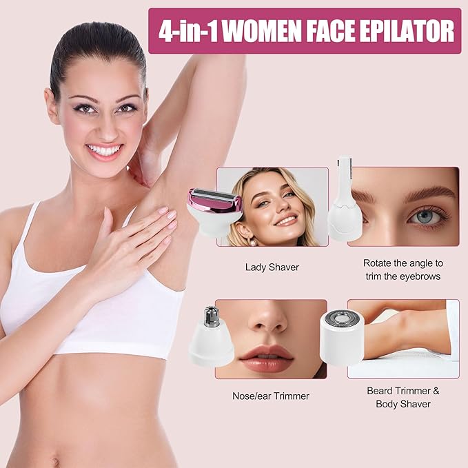 Women Face Epilator, 4-in-1 Body Shaver and Facial Epilator, Hair Removal for Faces, Rechargeable Electric Facial Hair Removal Devices for Face, Armpits, Eyebrows, Nose-Velvo Beauty