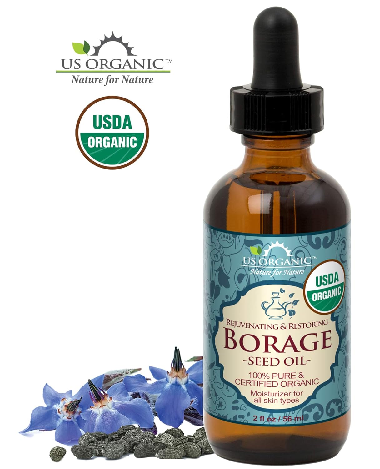 US Organic Borage seed Oil (18% GLA), USDA Certified Organic, 100% Pure & Natural, Cold Pressed, aka Starflower oil, in Amber Glass Bottle w/Eye dropper for Easy Application (2 oz (56 ml))-Velvo Beauty