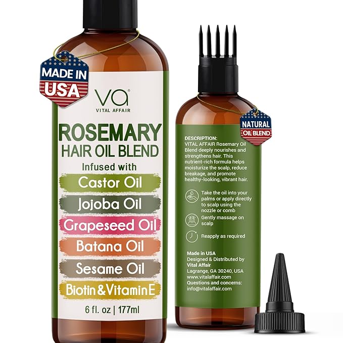 Blend Of Pure Rosemary Oil For Hair Growth With Castor, Batana, Jojoba Oil-Infused With Biotin & Vitamin E-Blend of Effective Hair Oils for Hair Growth-Strengthening Treatment 6 Fl Oz-Velvo Beauty