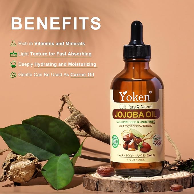 Yoken Jojoba Oil 4 fl oz EWG Verified 100% Pure Jojoba Oil Cold Pressed for Skin, Hair, Nails, Cuticles - Unrefined & Hexane Free, Natural Moisturizer Carrier oils Facial Serum for Gua Sha-Velvo Beauty