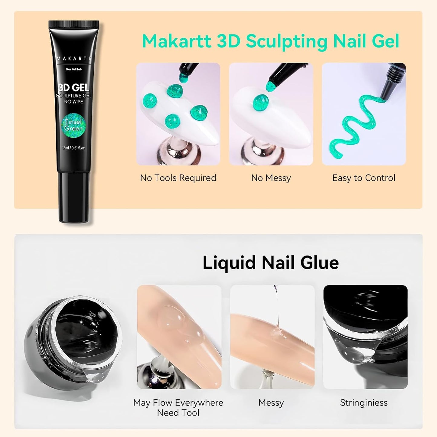 Makartt 3D Gel Nail Art- 3D Nail Gel Sculpting Gel for Nail Designs 15ml 3 in 1 No Wipe Polish for Drawing Carving Nails Molding Gels for Nail Decoration Charms- Tinsel Green-Velvo Beauty