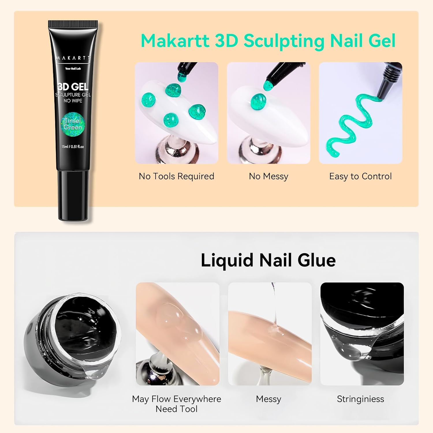 Makartt 3D Gel Nail Art- 3D Nail Gel Sculpting Gel for Nail Designs 15ml 3 in 1 No Wipe Polish for Drawing Carving Nails Molding Gels for Nail Decoration Charms- Tinsel Green-Velvo Beauty