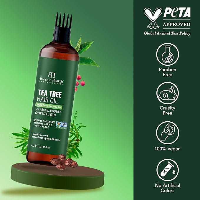 Botanic Hearth Tea Tree Oil For Hair (6.7 Fl Oz) | With Jojoba & Grapeseed Oils | Soothes Itchy Scalp & Fights Dandruff | Non Gmo Verified-Velvo Beauty