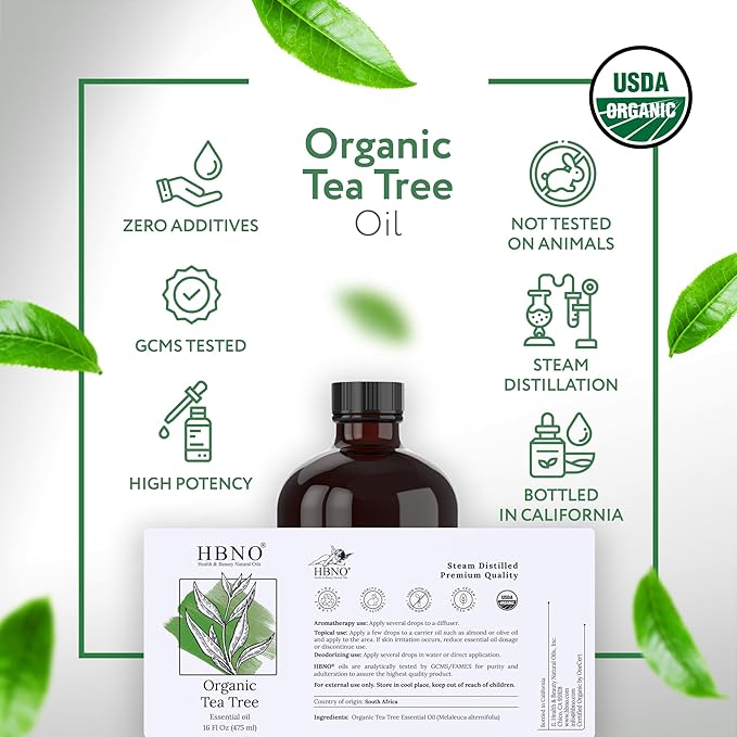 HBNO Organic Tea Tree Oil - Huge 16 oz (475ml) Large Size - Ideal for Diffusers, Cleaning Agents, Deodorizers, and Flavoring Agents.-Velvo Beauty