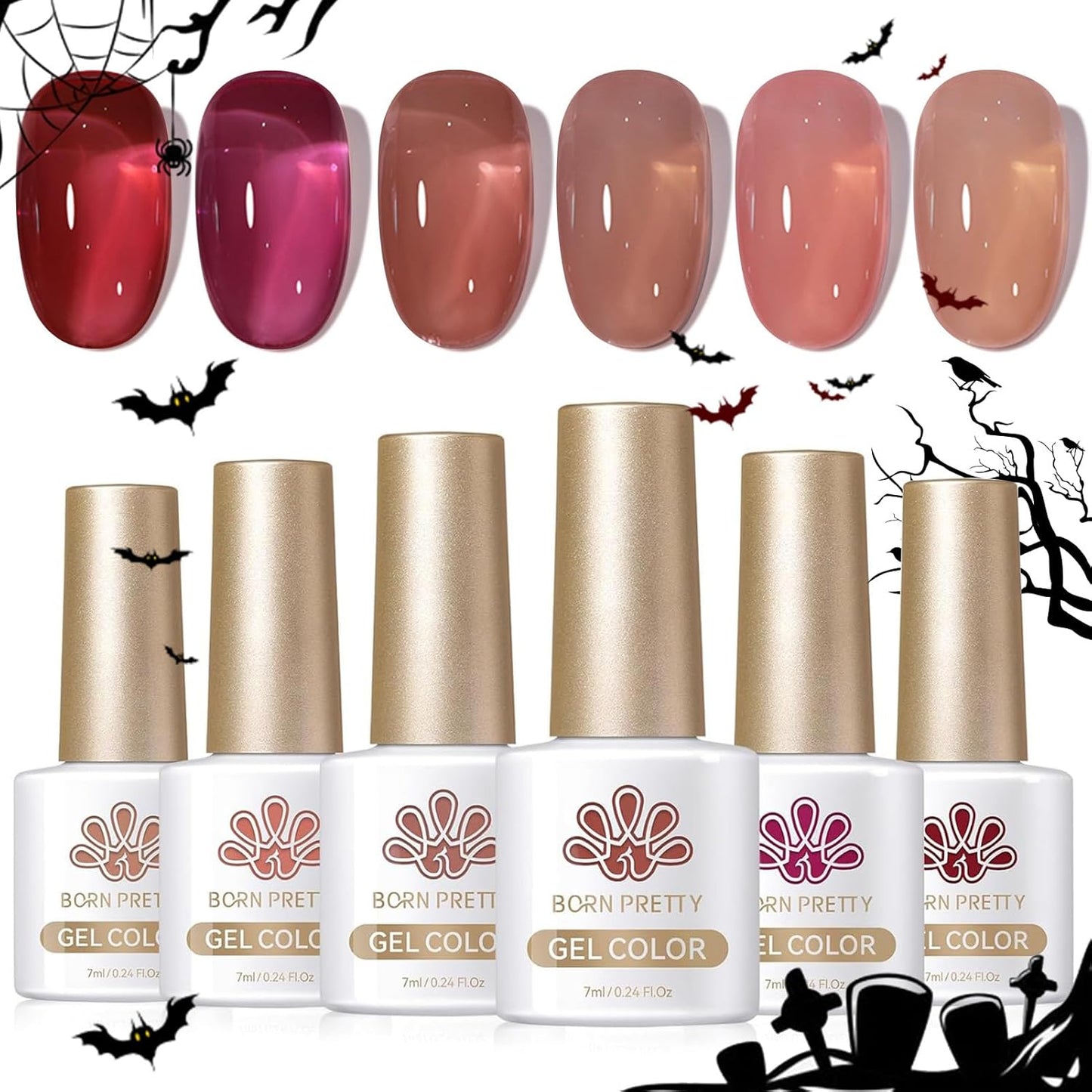 Born Pretty Jelly Burgundy Gel Nail Polish Fall Winter Jelly Blood Wine Red Brown Nude Purple Halloween Translucent Sheer Gel Polish Set Nail Art Varnish Manicure 6PCS-Velvo Beauty