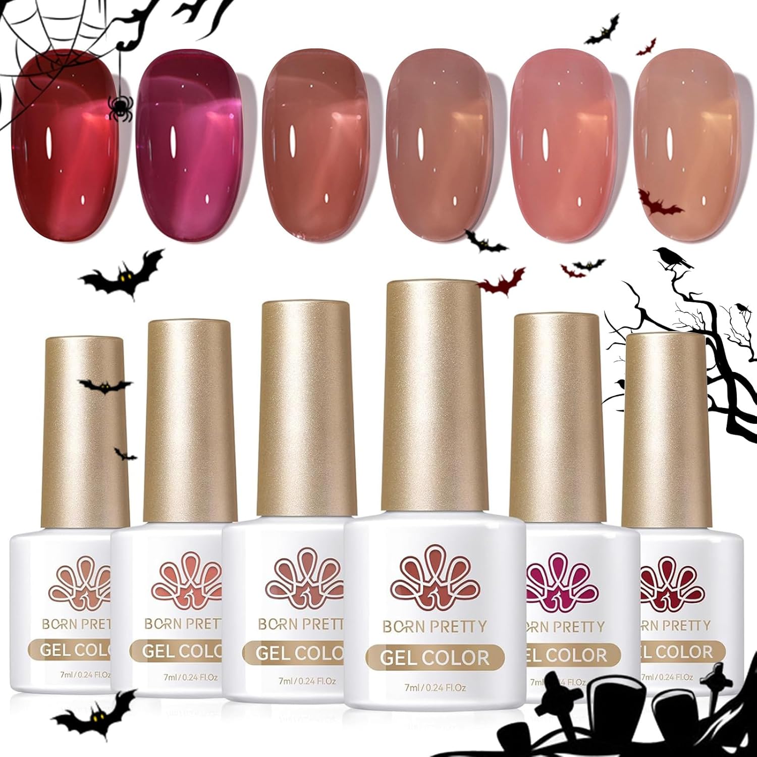 Born Pretty Jelly Burgundy Gel Nail Polish Fall Winter Jelly Blood Wine Red Brown Nude Purple Halloween Translucent Sheer Gel Polish Set Nail Art Varnish Manicure 6PCS-Velvo Beauty