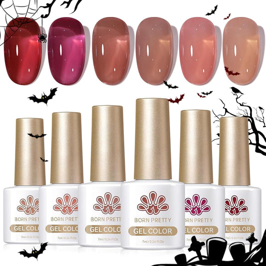 Born Pretty Jelly Burgundy Gel Nail Polish Fall Winter Jelly Blood Wine Red Brown Nude Purple Halloween Translucent Sheer Gel Polish Set Nail Art Varnish Manicure 6PCS-Velvo Beauty