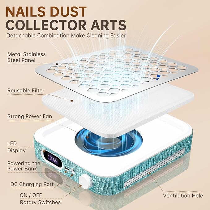 Nail Dust Collector, Rechargeable Dust Collector Nail Tech, Powerful Vacuum Fan Vent Dust Collector Extractor Dust Suction Machine for Acrylic Nails Polishing, Nail Salon&Home, Blue-Velvo Beauty