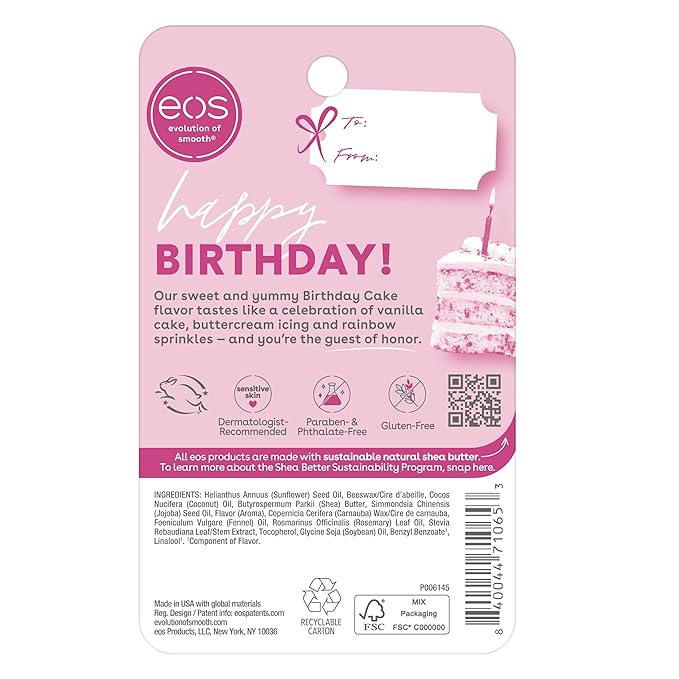 eos Natural Shea Lip Balm- Birthday Cake, Dermatologist Recommended for Sensitive Skin, All-Day Moisture Lip Care Products, 0.14 Ounce (Pack of 2)-Velvo Beauty
