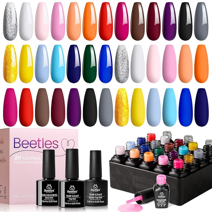 Beetles Fall Gel Nail Polish Set - 20 Pcs Neon Nail Gel Polish Set Soak Off Uv LED Gold Sliver Glitter Nail Polish Kit Blue Pink Black White Uv for Nail Art Salon Gift for Women-Velvo Beauty