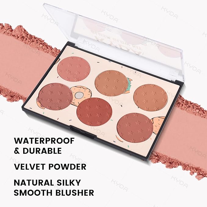 KYDA 6 Colors Blush Palette, Matte and Shimmer Blush Palette, Smooth Blendable Powder, Multiuse Blusher Makeup with Contour Highlighter-Set A-Velvo Beauty