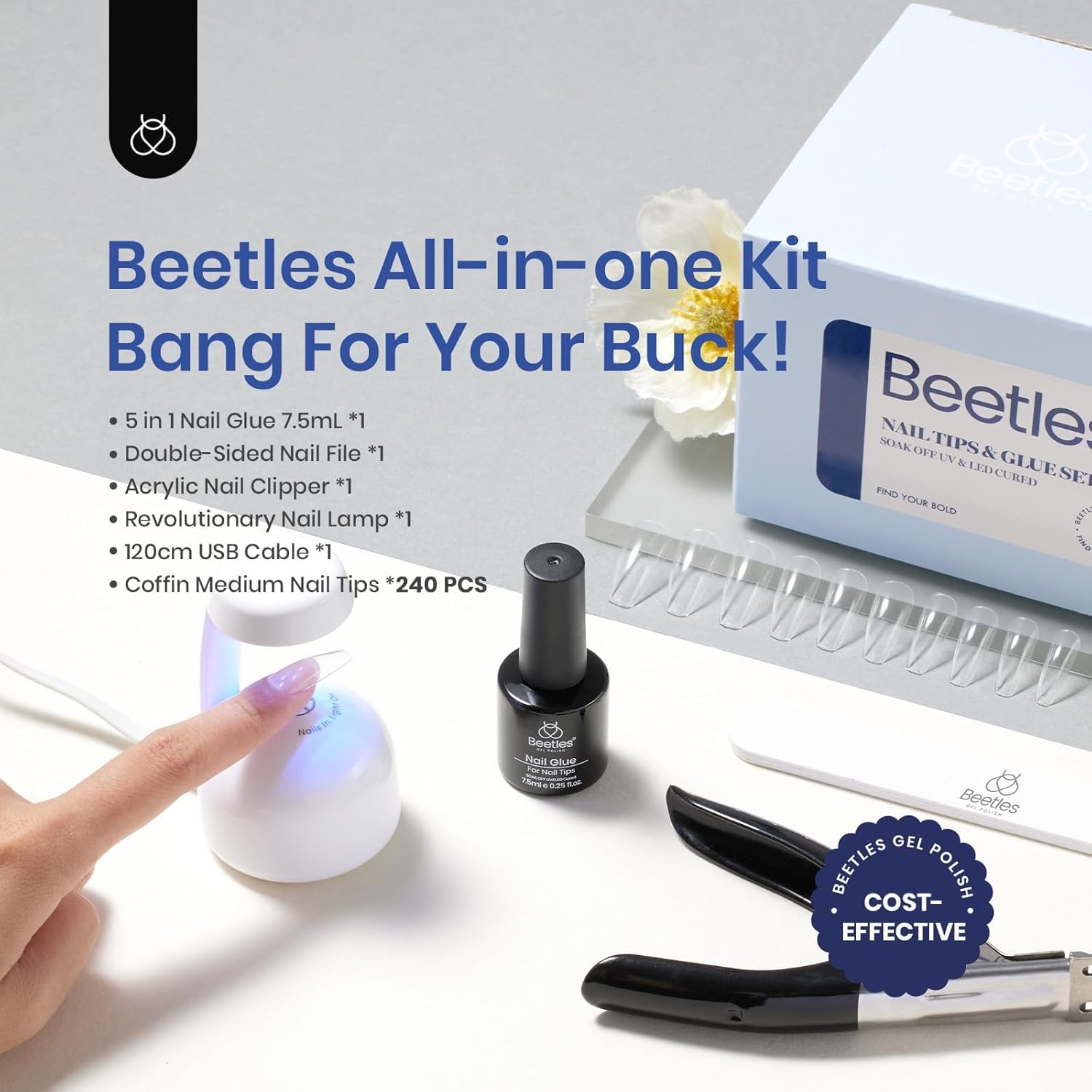 Beetles Soft Gel Nail Kit Medium Coffin Easy Nail Extension Set 5 In 1 Nail Glue Base Coat with Pre shaped Nail Tips and Led Nail Lamp Acrylic Nail Clipper Gifts for Women-Velvo Beauty