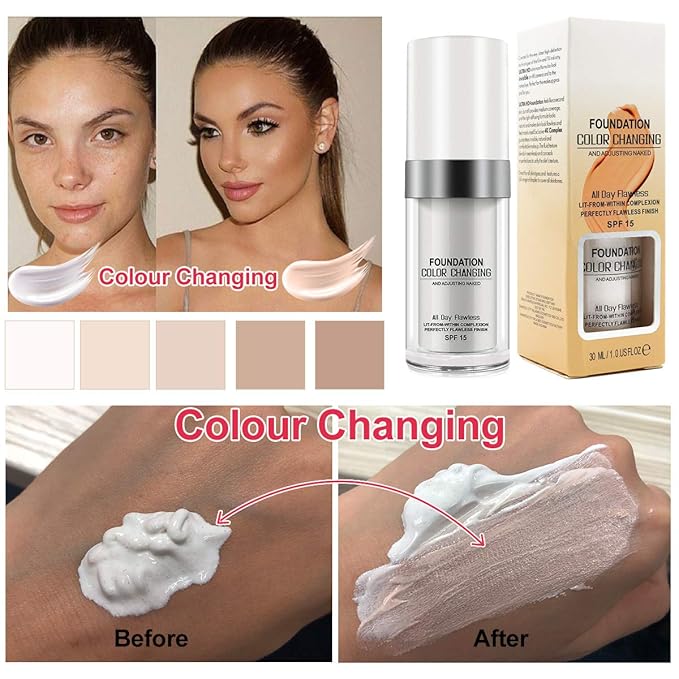 30ML Flawless Colour Changing Warm Skin Tone Foundation,Naturally Blends Moisturizing foundation makeup,Long Lasting Waterproof Poreless Liquid Foundation SPF 15 for Face Makeup-Velvo Beauty