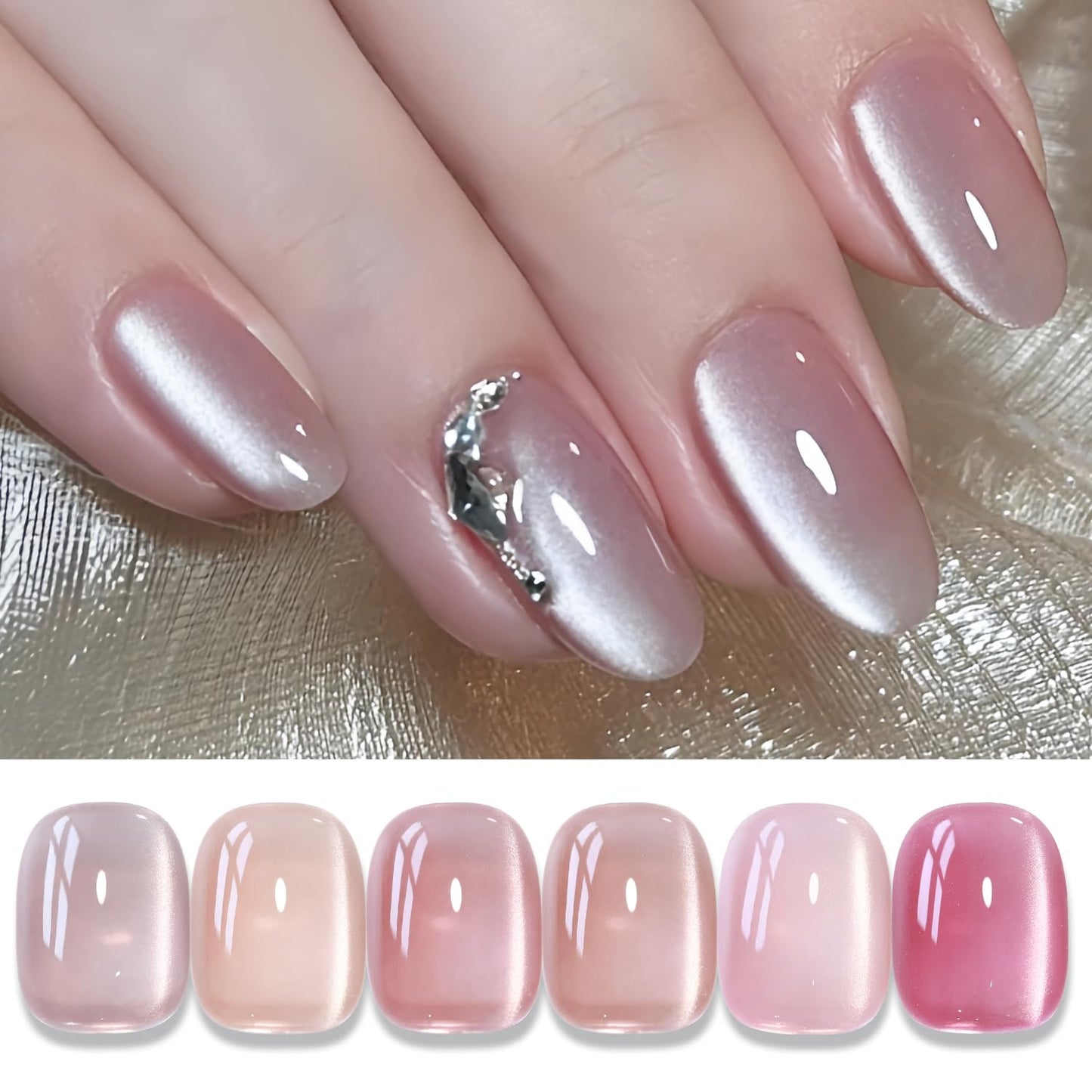 Double Rhythm Cat Eye Gel Polish Set 6 Colors Shimmer Glitter with Magnet Holographic Reflective Magnetic UV Gel Polish Art Kit (Glass Jelly Nude Pink 6-Kit 35)-Velvo Beauty