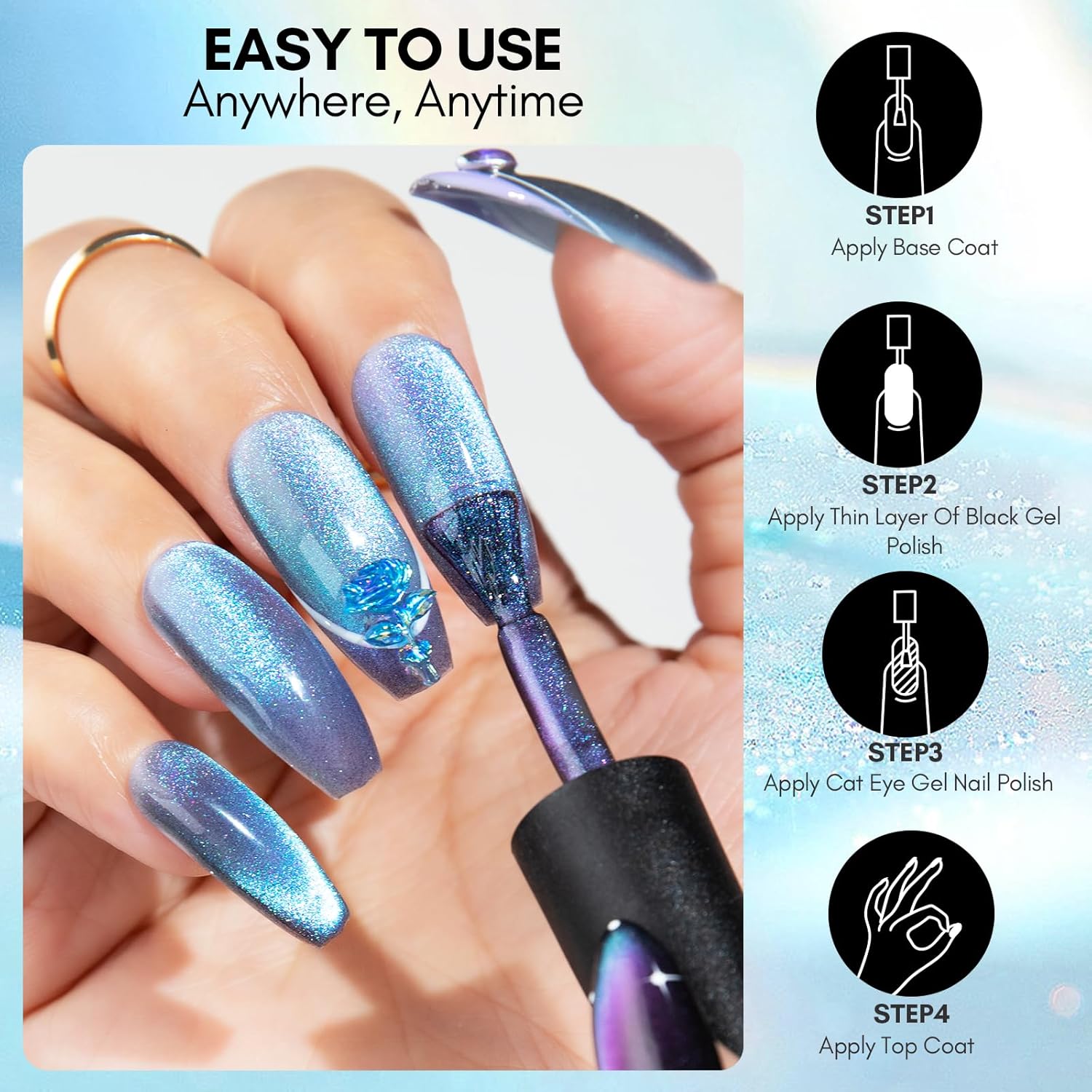 Makartt Blue Cat Eye Gel Nail Polish: Magnetic Glitter Gel Polish Soak-Off UV/LED with Aurora Effect, Long-Lasting Black Hole Shine, Comes with Magnet Stick Salon Home Nail Art 10ml-Velvo Beauty