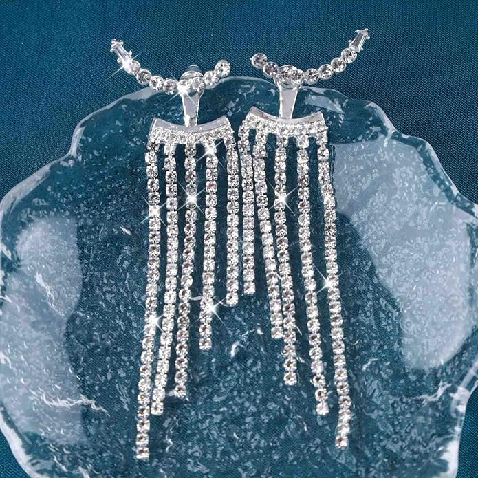 Vintage Rhinestone Chandelier Drop Earrings Crystal Ear Climber Earrings Long Tennis Chain Earrings Silver Cz Tennis Chain Tassel Earrings Jewelry for Women-Velvo Beauty
