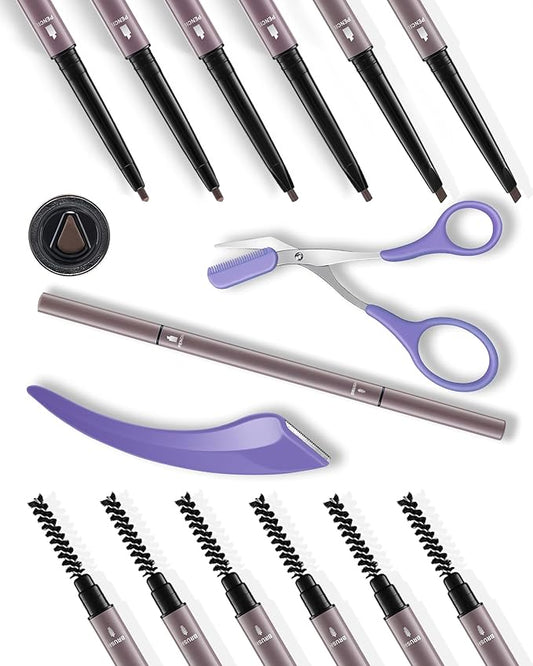 6Pcs Microblading Eyebrow Pencils Brown Waterproof Eye Brow Pencil w/Eye Brow Razor & Scissors Kit 0.5mm Ultra-Fine Tip Creates Hair-Like Strokes for Women Effortless Natural Brows-Velvo Beauty