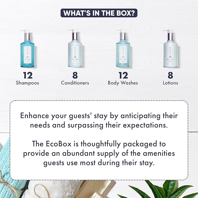 1-Shoppe Infuse 40 Piece Ecobox All-In-Kit | White Tea and Coconut Soap | 12 Shampoo, 8 Conditioner, 12 Body Wash & 8 Lotion | 10oz Hotel Soaps and Toiletries Bulk | Personal Care Products-Velvo Beauty