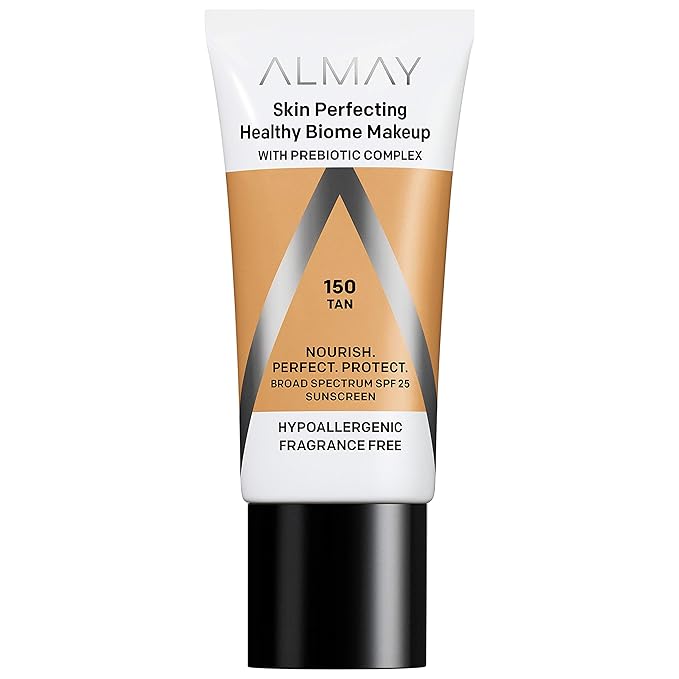 Almay Skin Perfecting Healthy Biome Foundation Makeup with Prebiotic Complex SPF 25, Hypoallergenic, -Fragrance Free, 150 Tan, 1 fl. oz.-Velvo Beauty