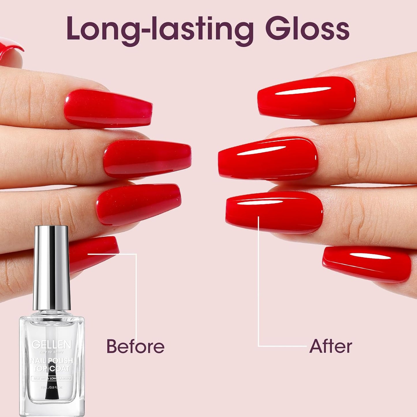 GELLEN Clear Nail Polish Top Coat, Shine Glossy Regular Nail Polish, Calcium Formula Strengthens Nails, Quick Air Dry, No Wipe, Long Lasting, Chip Resistant, Not UV Gel, Hema Free, Non-toxic, 15ml-Velvo Beauty