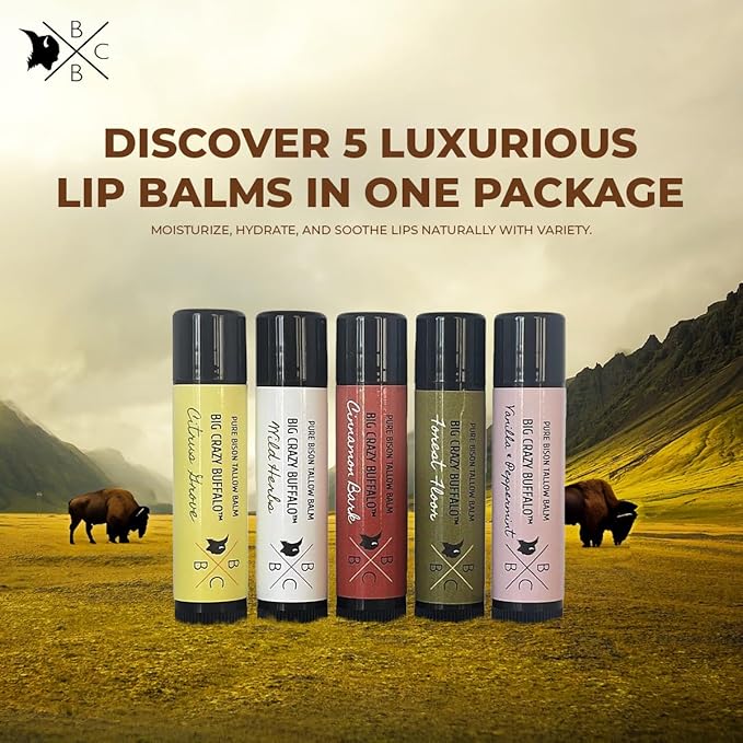 Pure Bison Tallow Lip Balm Set (5 pack) - Moisturizing, Non-Habit Forming, Soothes Chapped Lips, Hydrating-Velvo Beauty