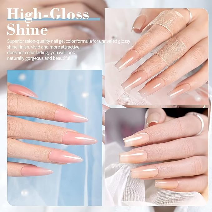 RARJSM Nude Gel Nail Polish Apricot Peach Pink Jelly Gel Polish Set of 6 Transparent Colors 7.5ml Clear Purple Sheer Wine Red Milky Mavue French Manicure LED UV Gel Soak Off Curing Requires Home-Velvo Beauty