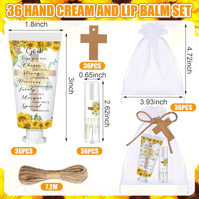 144 Pcs Christian Lip Balm Hand Cream Set Party Favors, Include 36 Bible Lip Balm 36 Moisturizing Hand Cream 36 Bags 36 Cards and Ropes for Accessories Gifts (Biblical, Sunflower)-Velvo Beauty