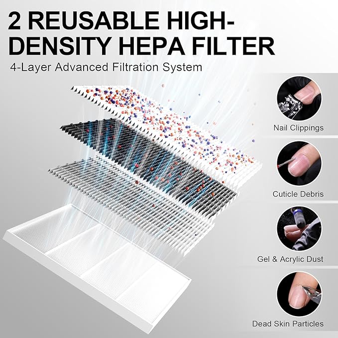 L'UGX Rechargeable Nail Dust Collector with 2 Reusable Filter, Professional Nail Vacuum Dust Collector Nail Tech Fan Extractor Powerful Suction Machine, Perfect for Home Salon Use-Velvo Beauty