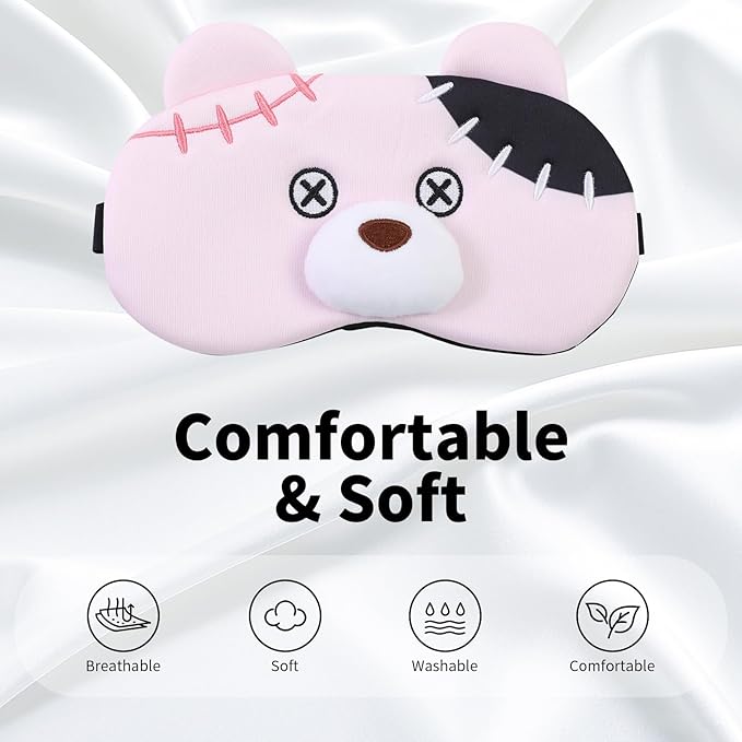 PERFECTSIGHT Sleep Eye Masks, Cute Plush Sleep Eye Cover Lightweight Adjustable Eyeshade Faux Fur Mask Cover for Women Men Kids Sleep Travel Nap, Pink Pudding Bear-Velvo Beauty