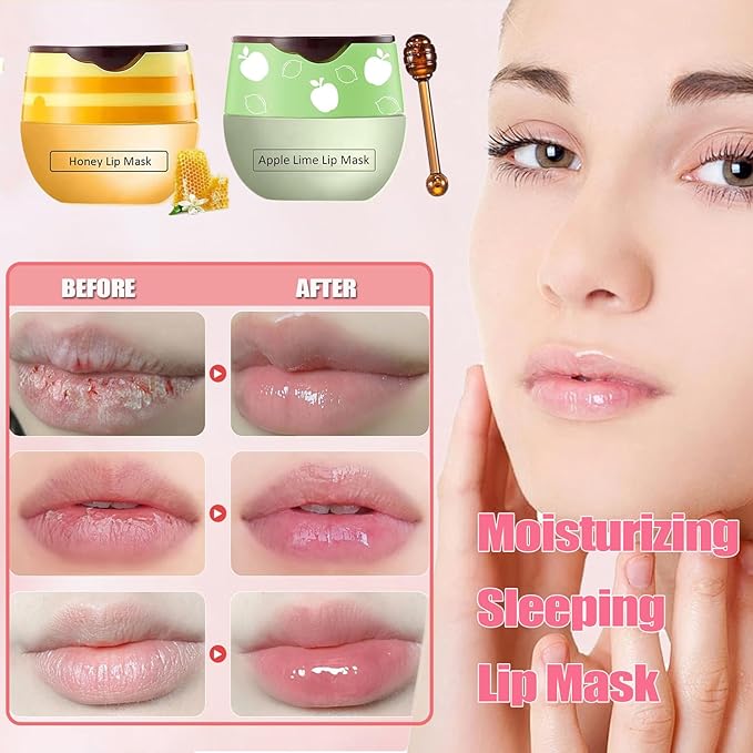 3 PCS Bee Lip Mask Lip Balm Honey Pot, Strawberry & Honey Lip Sleeping Mask Hydrating Prevention Dry and Cracked Lip Scrubs Exfoliator,Lip Mask Overnight Reduces Lip Lines-Velvo Beauty