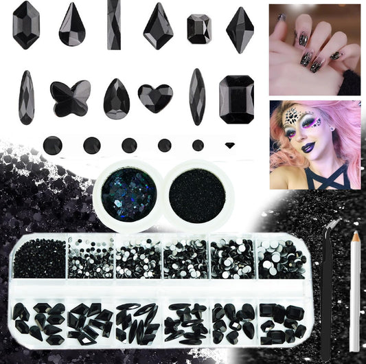 3 Boxes Black Nail Rhinestones with Fine Glitters Kit, 60Pcs Big Assorted Black Nail Gems with S6-S16 Flatback Round Stones,Crystals Nail Gem Stones for DIY Faces Body Crafts-Velvo Beauty