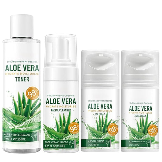 Aloe Vera Skin Care Sets & Kits, 4Pcs Moisturizing Face Care Set, Improve Rough Skin, Firming Skin and Reduce Fine Lines, Skincare Routine Set with Face Cream, Cleanser, Toner, Eye Cream-Velvo Beauty