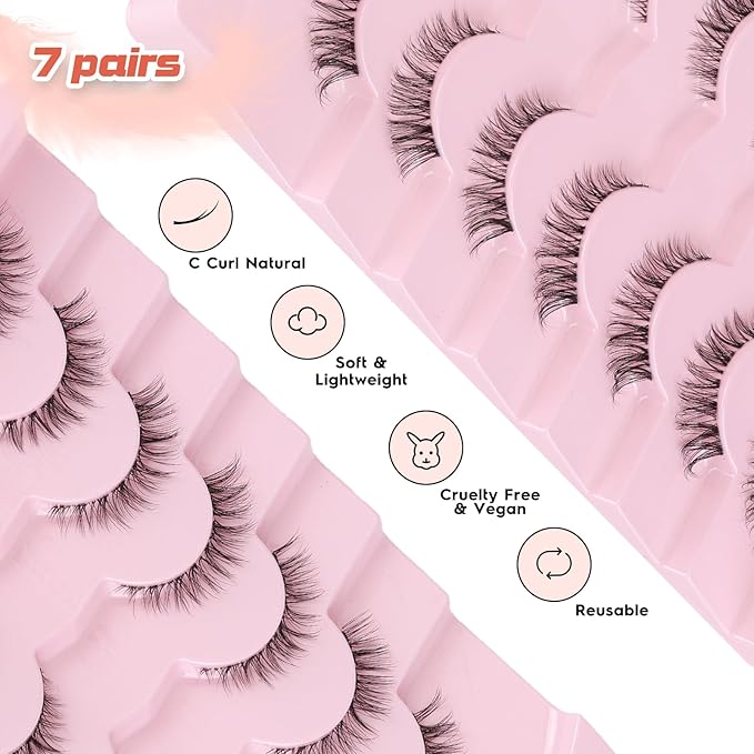 Cat Eyelashes Wispy False Eyelashes Natural 12mm Short Lashes with Thin Band Fake Eyelash 3D Volume Strip Lashes Siligli Eyelash Pack 7 Pair-Velvo Beauty