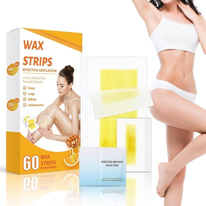 Wax Strips for Hair Removal, Waxing Kit For Women, 60 Pcs - 40 Body Wax Strips, 20 Pcs for Face, 6 Cleansing Oil Towelettes Suitable for Face/Legs/Underarms/Bikini-Velvo Beauty