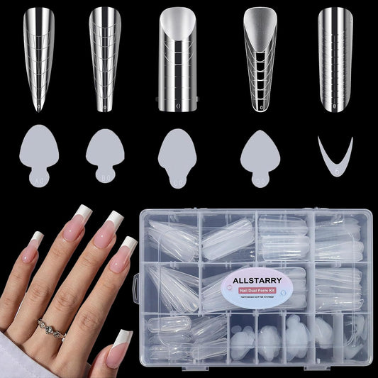 Allstarry 360pcs Nail Dual Forms, Silicone French Nail Forms for Poly Gel Nail Gel Extension Full Cover Acrylic Nail Tips 5 tpye nail form and Silicone Reusable Stickers for Nail Art Design-Velvo Beauty