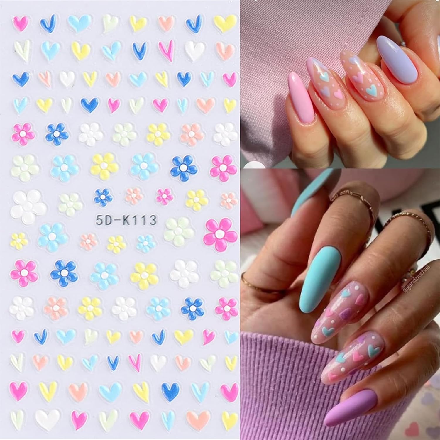 Flower Nail Art Stickers Decals 5D Embossed Nail Decals 6 Sheets Spring Summer Self-Adhesive Nails Design Accessories 3D Flowers Stickers for Women Nails Decoration-Velvo Beauty