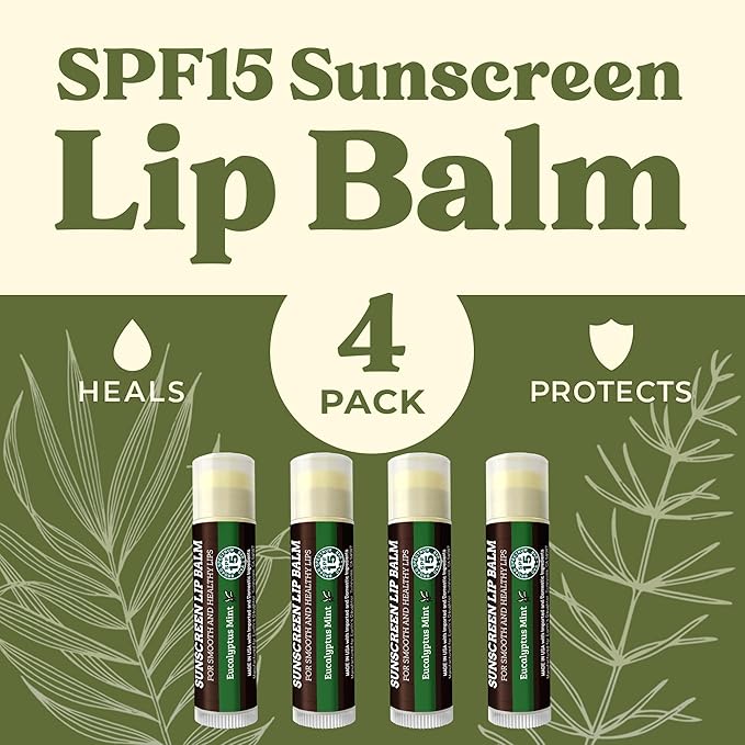 SPF Lip Balm 4-Pack by Earth's Daughter - Lip Sunscreen, SPF 15, Organic Ingredients, Eucalyptus Mint Flavor, Beeswax, Coconut Oil, Vitamin E - Hypoallergenic, Paraben Free, Gluten Free-Velvo Beauty
