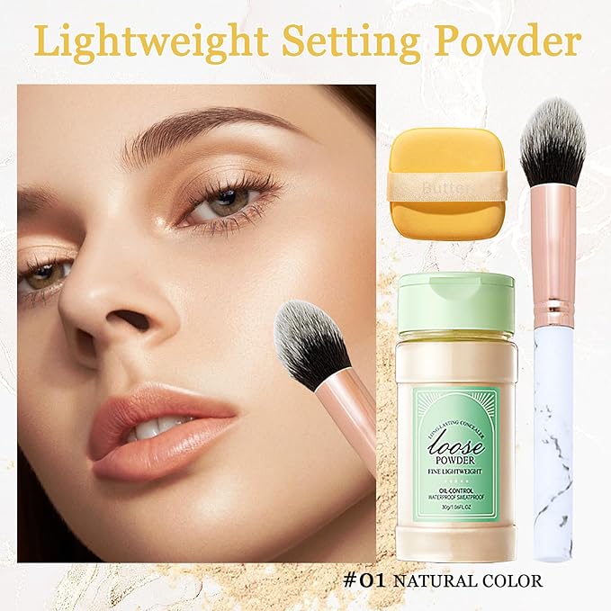Lightweight Setting Powder,Waterproof Oil Control Translucent Face Powder,Smooth Long Lasting Matte Finish Loose Powder with Face Makeup Brush & Powder Puff（Natural Color）-Velvo Beauty