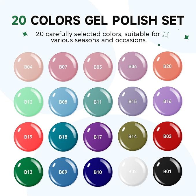 JODSONE Gel Nail Polish 20 Color Blue Red Matching Base Coat Glossy and Matte Top Coat 23 Bottles of 10ml Professional Nail Care Use-Velvo Beauty