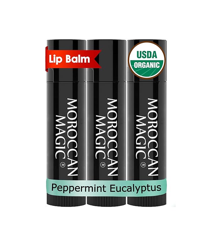 Moroccan Magic Organic Peppermint Eucalyptus Lip Balm 3 Pack | Ultra-Hydrating Argan & Essential Oil Lip Moisturizer + Vitamin E | Natural Mint Chapstick for Dry Lips | Non-Toxic | Organic Lip Balm-Velvo Beauty