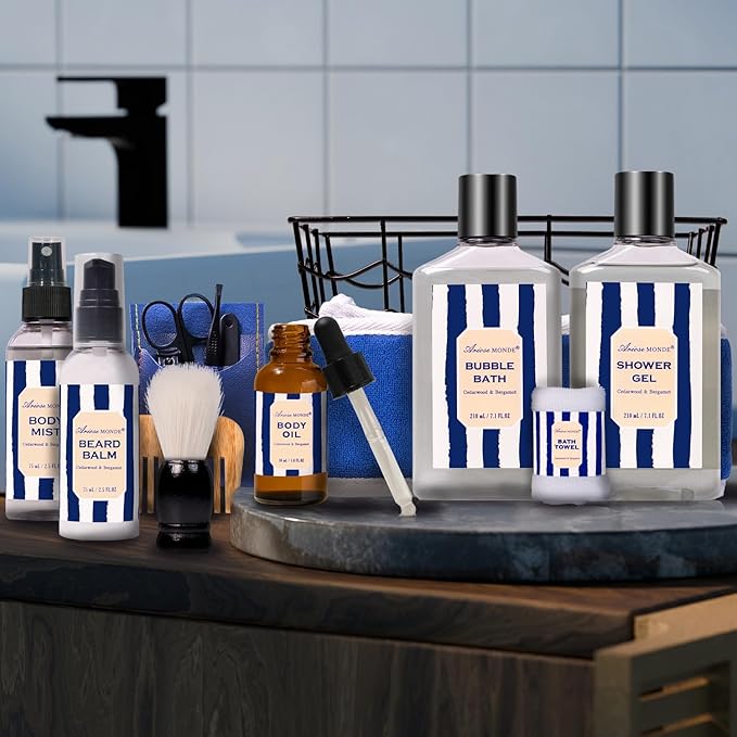 Valentines Day Gifts for Men, Bath and Body Gift Sets for Men with 10 Pcs Cedar & Bergamot Spa Gifts for Men, Bath Sets Includes Shower Gel, Bubble Bath, Body Mist. Perfect Father's Day Gifts for Men-Velvo Beauty