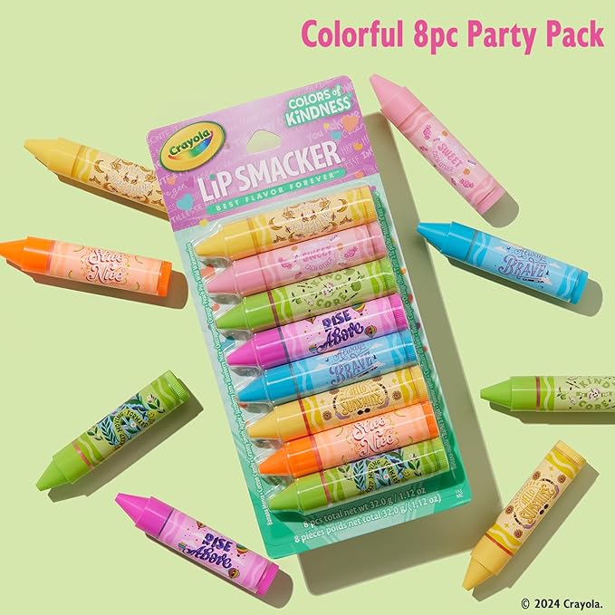 Lip Smacker Crayola Party Pack - 8 Moisturizing Lip Balms, Hydrating & Protecting, Fun Flavors, Glossy Finish, Cruelty-Free - Color of Kindness-Velvo Beauty