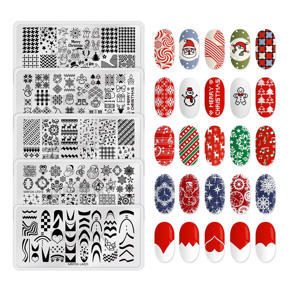 Christmas Nail Stamping Plate Set Winter Snowflake Xmas Snowman Christmas Tree Santa Claus, 5Pcs Nail Art Stamp Kit Templates-Velvo Beauty