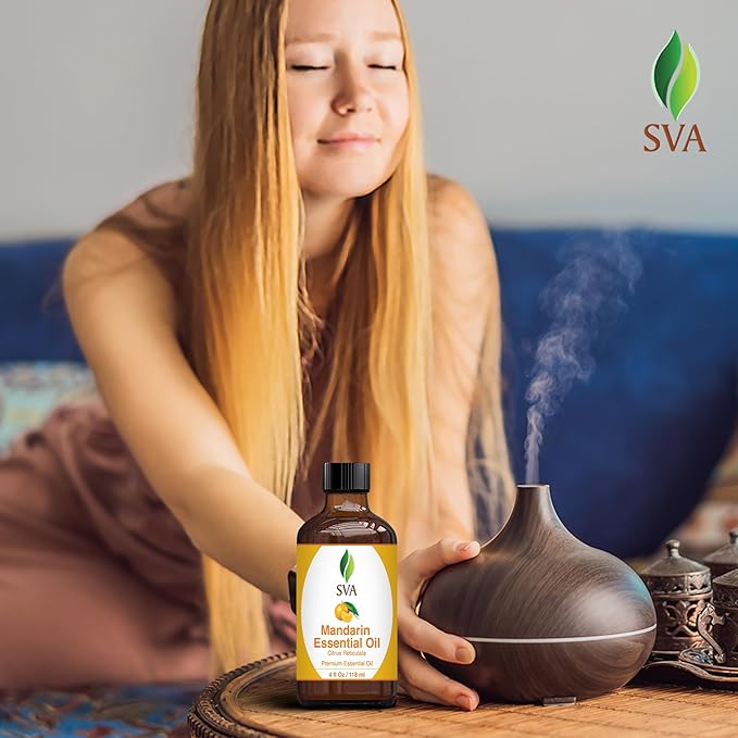 SVA Mandarin Essential Oil – 4 Fl Oz – 100% Natural Mandarin Oil - for Diffuser, Hair Care, Face, Skin Care, Aromatherapy, Scalp and Body Massage, Soap and Candle Making – with Dropper-Velvo Beauty