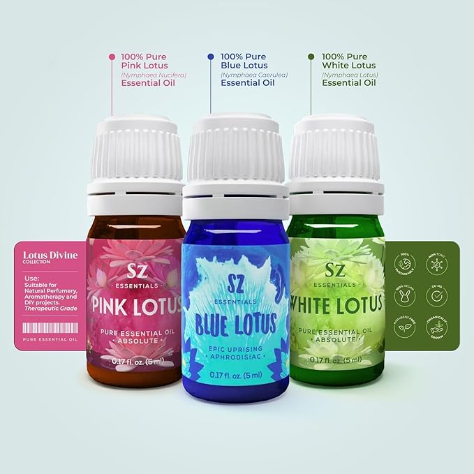 Divine Essential Oils Collection - Blue, Pink, White Lotus - Set of 3 Bottles (0.17 Fl Oz - 5ml Each) - 100% Pure, Natural & Undiluted - Therapeutic Grade & Vegan-Velvo Beauty