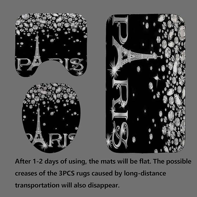 4PCS Eiffel Tower Shower Curtain Set, Luxury Jewelry Rhinestone Bling Diamond Paris Bathroom Decor, Waterproof Fabric Black Shower Curtain, Non-slip Bath Mat Toilet Lid Cover Bathroom Rugs-Velvo Beauty