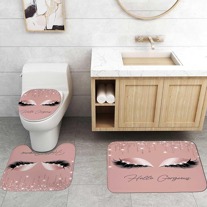 4PCS Hello Gorgeous Shower Curtain Set, Eyelash Makeup Glam Fashion Girly Pink Bathroom Decor for Women Girls, Waterproof Fabric Shower Curtain, Non-Slip Bath Mat Toilet Rug, Rose Gold Glitter-Velvo Beauty