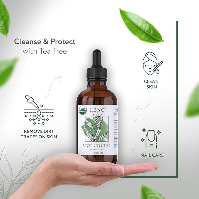 HBNO California Bottled Organic Tea Tree Oil for Skin & Hair - 4 fl oz (120ml) - USDA Certified Organic Tea Tree Oil for Aromatherapy-Velvo Beauty