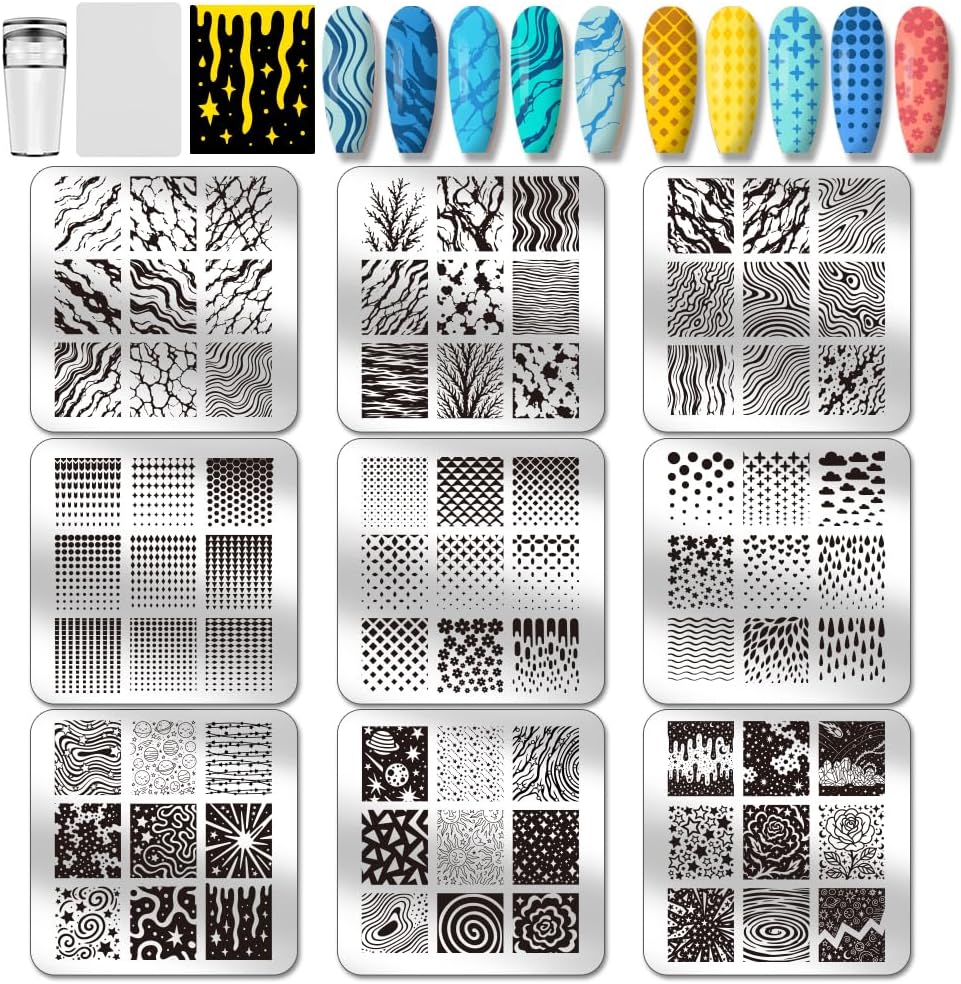 PH PandaHall 9pcs Marble Texture Nail Stamping Plates Line Graffiti Nail Art Designs Gradient Pattern Manicure Art Templates with Stamper and Scraper for Women DIY Manicures Salon Printing-Velvo Beauty