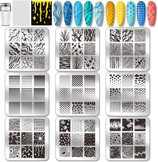 PH PandaHall 9pcs Marble Texture Nail Stamping Plates Line Graffiti Nail Art Designs Gradient Pattern Manicure Art Templates with Stamper and Scraper for Women DIY Manicures Salon Printing-Velvo Beauty